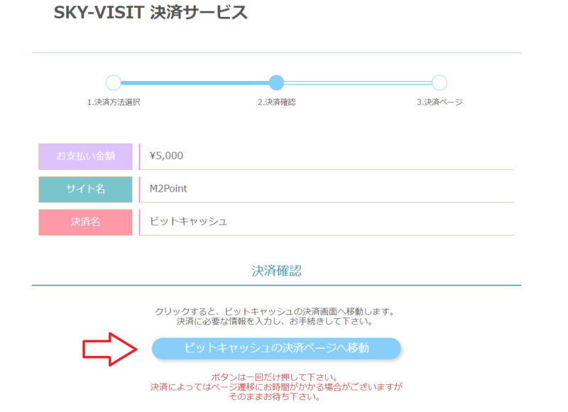 BitCash決済ページへ進む画面の例