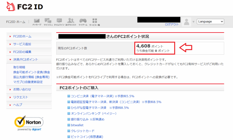 FC2ポイント反映画面の例