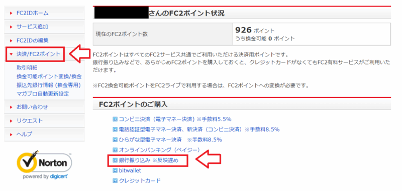 FC2ポイント購入方法選択画面の例