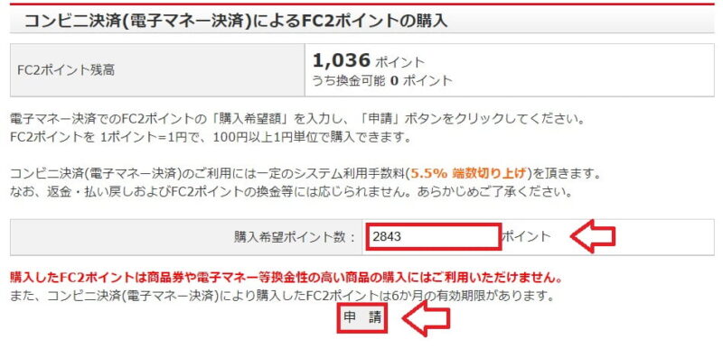 FC2ポイント購入金額入力画面の例