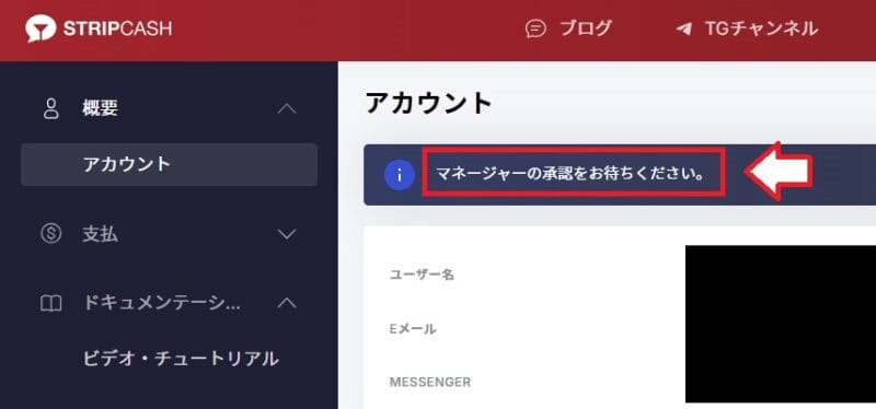 stripcash仮登録完了後の管理画面