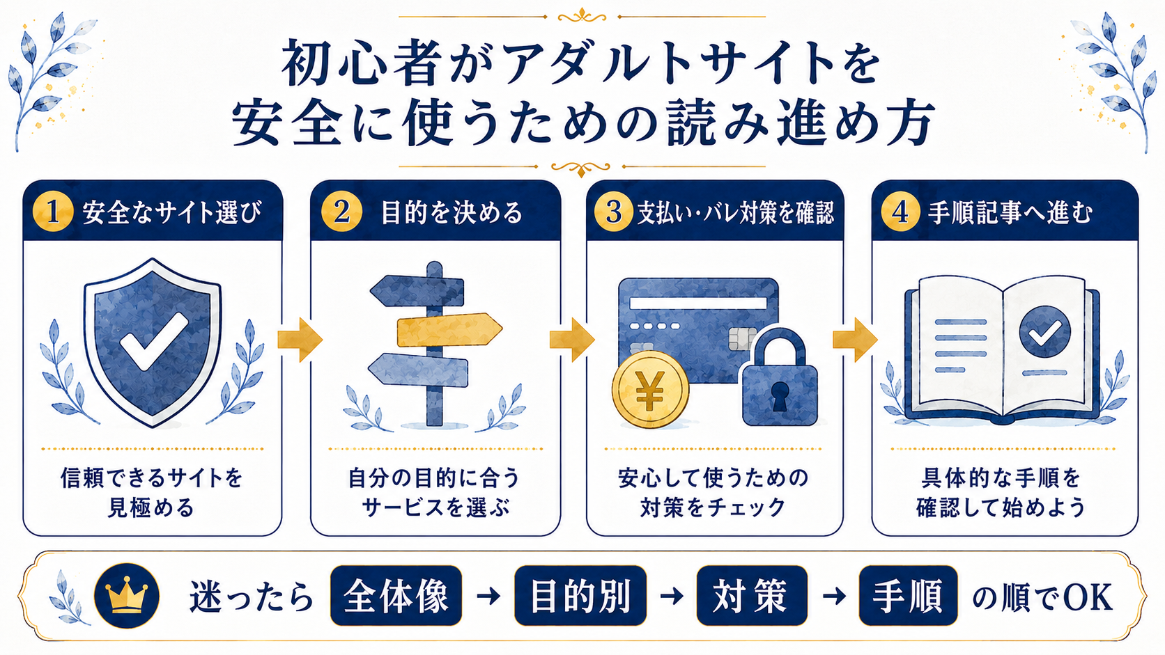 初心者がアダルトサイトを安全に使うための読み進め方を説明した図解