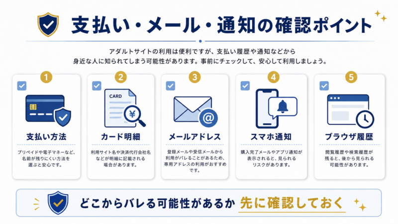 アダルトサイトの支払い・メール・通知で確認したいポイントを説明した図解